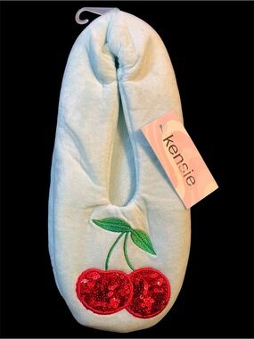 NWT•Kensie Aqua Plush Cherry Slipper with Red Sequin Embroidery